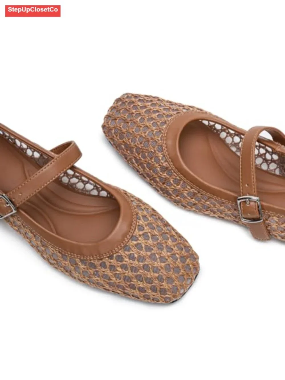 Woven Mary Jane Flats Comfortable Square Toe Mesh Ballet Shoes